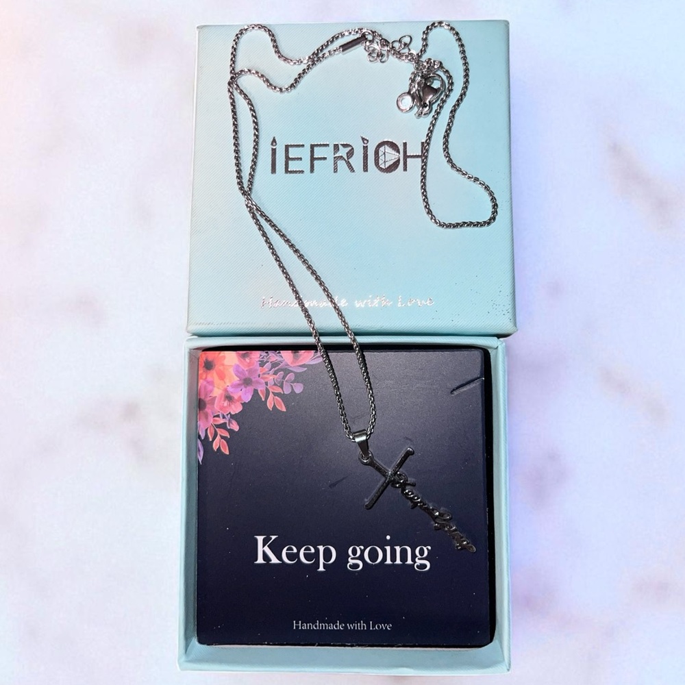 * IEFRICH Handmade Necklace Silver Cross “Keep Going” 10” Length with Extender